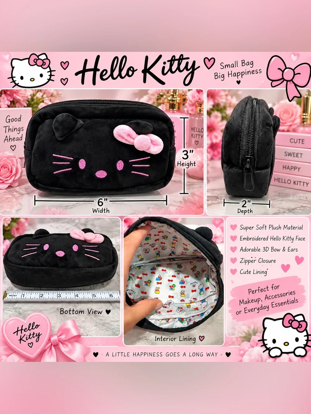 🖤🎀 Adorable Black Hello Kitty Plush Cosmetic Pouch – Pink Bow & Cute Lining